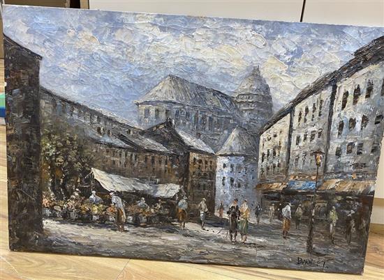 Burnett, oil on canvas, Paris street scene, signed, 60 x 90cm, unframed